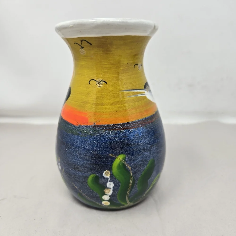 Sea life Ceramic Vase Fish Sea Weed Ocean Sunset Hand Painted Bird Bright Bold